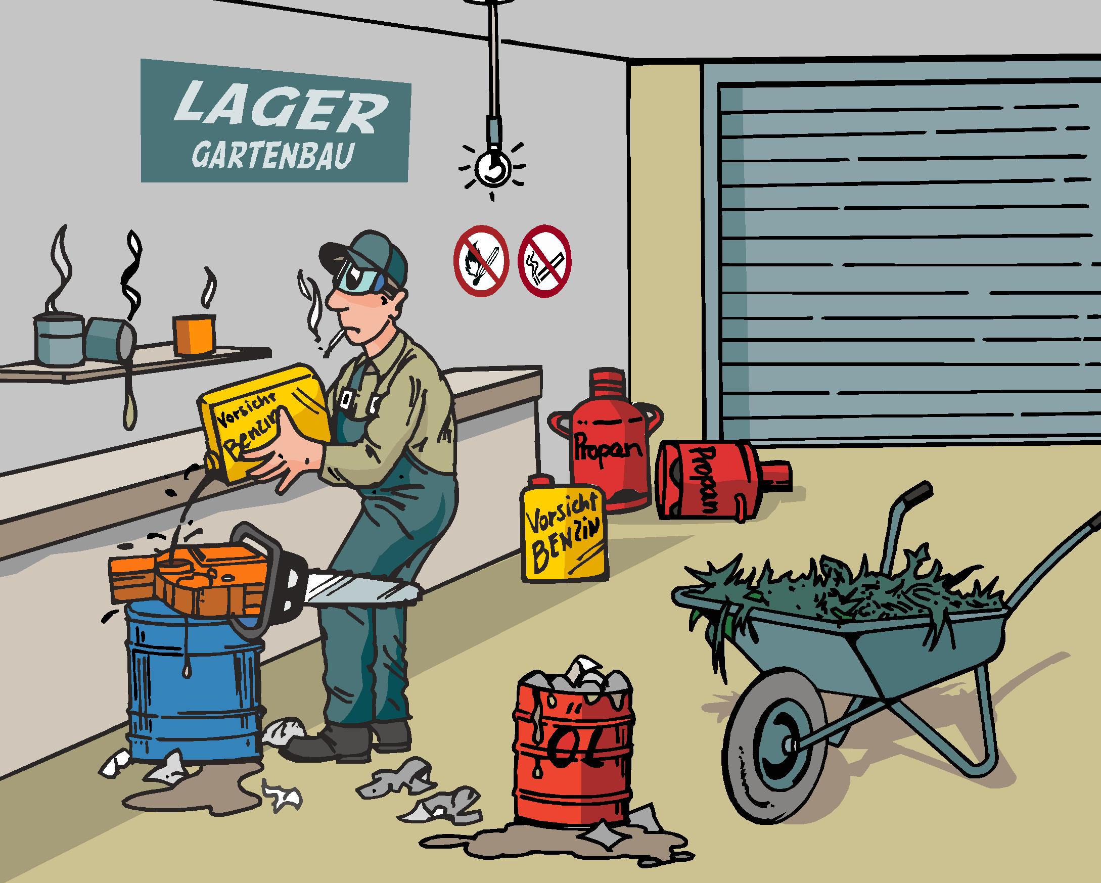 Suchbild: Figur Nils mit Zigarette im Lager betankt eine Maschine, die auf einem Ölfass liegt